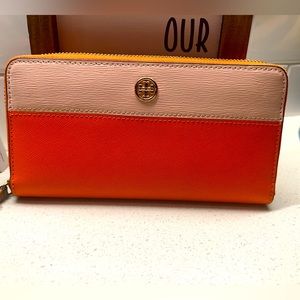 Tory Burch Robinson Continental Pink Orange Long Wallet